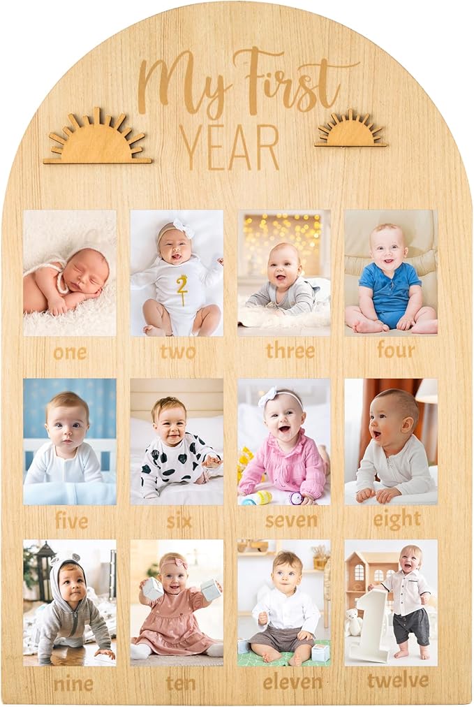 R HORSE My First Year Photo Display Wood Board, 3D Boho Sun Baby's First Year Picture Frame 12 Months Milestone Board Neutral Baby Keepsake Birthday Nursery Decor Gift for Boy Girl
