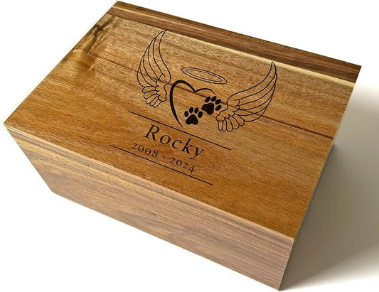 Pet Memory Box - Personalized Pet Memorial Boxes, Loss of a Pet Keepsake Box Acacia Wood, Engraved Dog Remembrance Gift, Gift for Someone Who Lost a Dog, Cat, 11 x 8 x 4,75 in