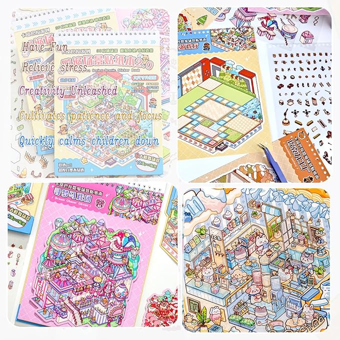 Sticker Therapy 3D Scenes – 6 Sets Large Size DIY 3D Sticker Scene with Tweezer for Adults & Kids Relief Stress Pass The Time, Cute Miniature House & Room Material Collection Book 01