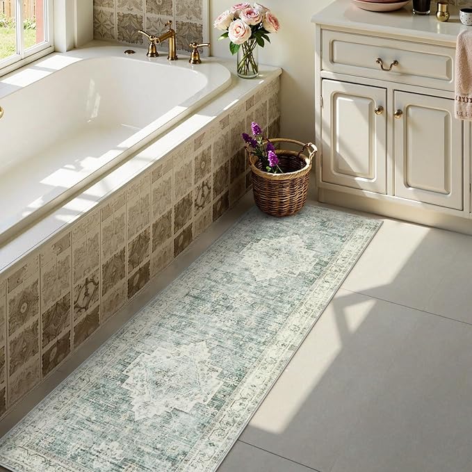 LIVEBOX Washable 2x7 Runner Rug for Bathroom, Non Slip Kitchen Mats for Floor Entryway, Boho Indoor Front Door Mat Low-Pile Runners for Hallways, Farmhouse Rugs for Laundry, Sage Green