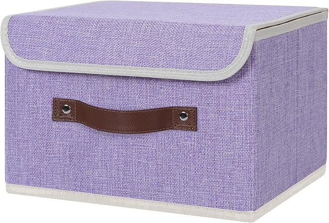 ANMINY Storage Bin with Lid Storage Boxes with PU Leather Handles PP Plastic Board Decorative Foldable Lidded Cotton Linen Fabric Home Cubes Baskets Closet Organizer Container - Purple, Small Size