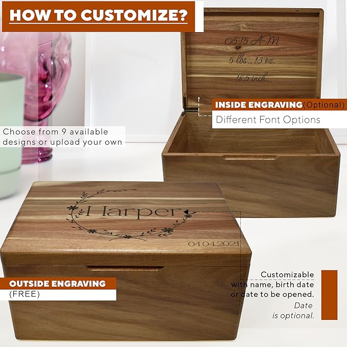Time Capsule Box 1st Birthday - First Birthday Keepsake Gifts for Babies, Custom First Memory Time Capsule Box with Hinged Lid, Personalized Gift for New Parents, Acacia Wood Storage, 11.5x8.5x5.5 in