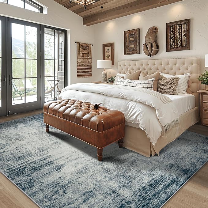 Washable Rug 6x9 Area Rugs, Abstract Washable Rugs with Non-Slip Backing, Stain Resistant Indoor Floor Carpet for Bedroom Dining Room Table Nursery Hallway Home Office-Blue/Ivory