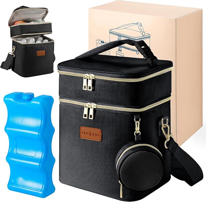 Breastmilk Cooler Bag with Ice Pack & Pacifier Case, Large Double Layer Insulated Baby Bottle Cooler Fits 6 Bottles, Breast Pump Storage Bag for Working Nursing Moms, with Gift Box
