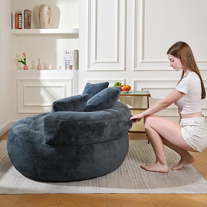 Bean Bag Chair for Adults, Comfortable Bean Bag Sofa with Back Support and Pillows, Giant Bean Bag Chairs Suitable for Living Rooms, Bedrooms and Apartments -Dark Blue