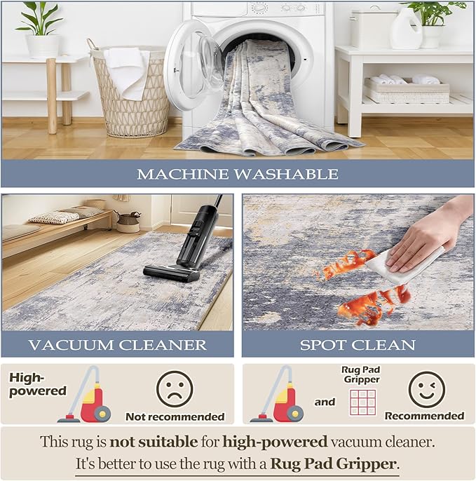 Washable Area Rugs 6ft Non-Slip Modern Abstract Soft for Living Room Entryway Bedroom Nursery, Print Pattern, Purple Grey Cream Yellow