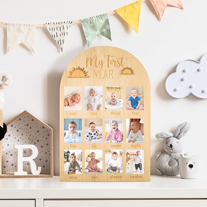 R HORSE My First Year Photo Display Wood Board, 3D Boho Sun Baby's First Year Picture Frame 12 Months Milestone Board Neutral Baby Keepsake Birthday Nursery Decor Gift for Boy Girl