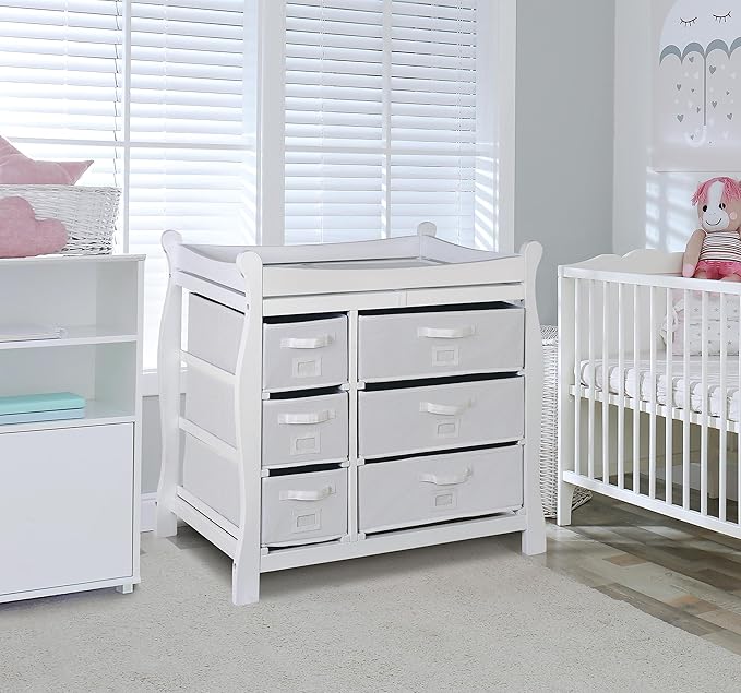 Badger Basket Sleigh Baby Changing Table with 6 Storage Drawers, Cushioned Changing Pad, Nursery Organizer, Sturdy White Wood Furniture for Infant Care