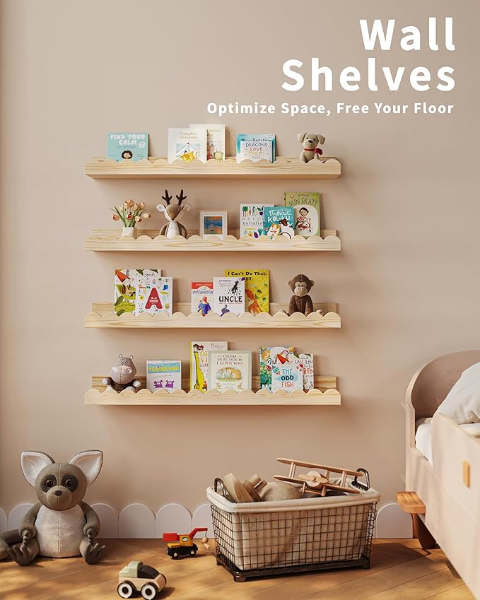 Nursery Book Shelves, 4-Pack Wood Floating Shelves for Wall Kids, Scalloped Shelves, Wall Book Shelves for Bedroom Kids, Toddler Room, Baby Room, Nursery Decor (Wood, 23 Inches)