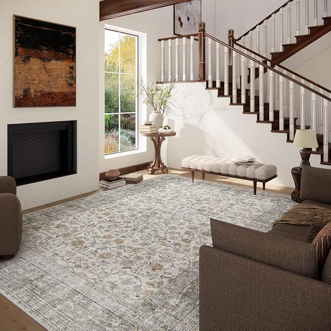 Machine Washable Rugs for Living Room: 6x9 Area Rugs for Bedroom Vintage Stain Resistant Non Slip Low Pile Soft Boho Carpet for Kitchen Dining Room Farmhouse Kids Room Nursery