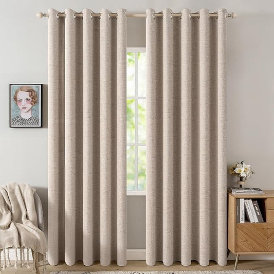MIULEE 100% Blackout Linen Textured Curtains for Bedroom Solid Thermal Insulated Natural Beige Grommet Room Darkening Curtains & Drapes Luxury Decor for Living Room Nursery 62 x 90 Inch (2 Panels)