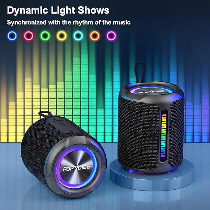 PoP voice Portable Wireless Bluetooth Speaker,40W(50W) Peak Stereo Sound Shower Speaker,IPX7 Waterproof Speaker with Deep Bass,RGB Light,Preset EQ,TWS,for Home/Camping/Gifts, BT5.3 Speaker,Up to 24H