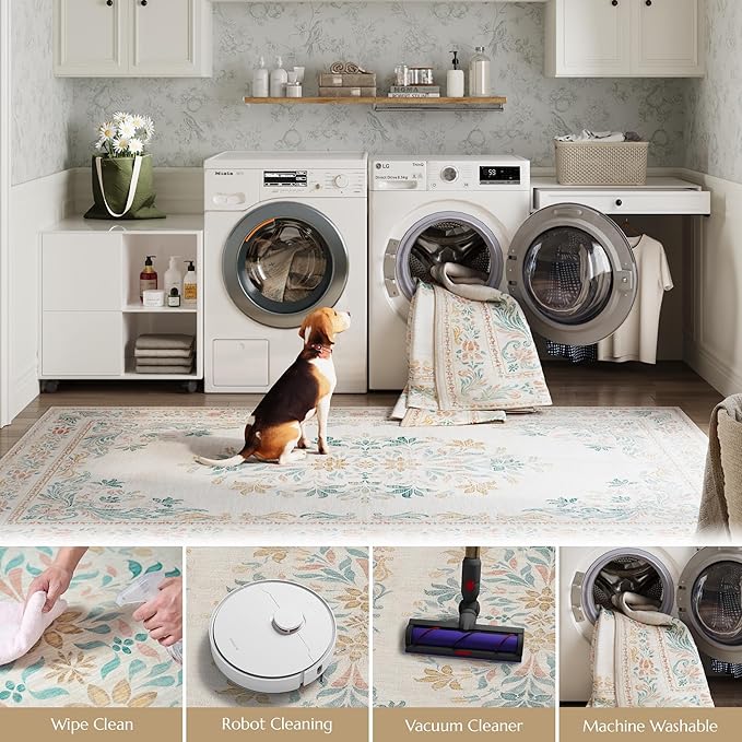 jinchan Floral 5x7 Area Rugs for Nursery - Machine Washable Vintage Distressed Design Soft Ultra-Thin Low-Pile Non-Slip Kids Carpet for Bedroom Living Room Dining Room Home Office (5x7ft,Apricot)