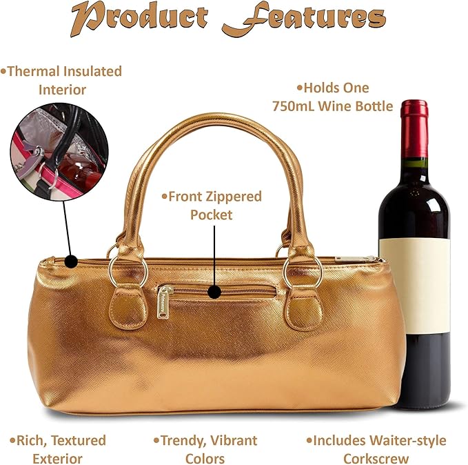 Wine Clutch Bag (Thermal Insulated) Trendy Women’s Carry Tote | Holds Red & White 750mL Bottles | Trendy Fashion | Incl. Portable Waiter-Style Corkscrew