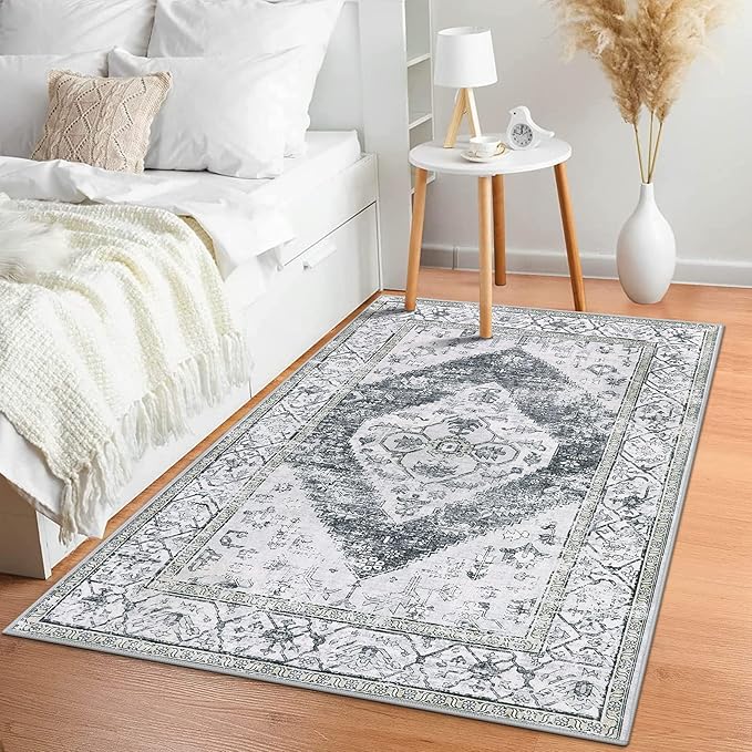 Lahome Boho Washable Rugs for Bedroom - 3x5 Area Rugs for Living Room Throw Non-Slip Thin Entryway Rug Kitchen Rugs Grey Oriental Distressed Print Capet for Office Bathroom Laundry Room Dining Room