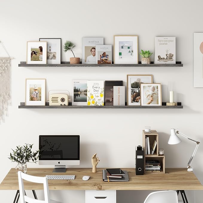 Picture Ledge Shelf, Floating Shelves Set of 2, Solid Pine Wood 72'' Long Large Nursery Book Shelves for Toys Storage, Kids Bookshelf for Living Room Bedroom Decor Books Photo Frames, Grey