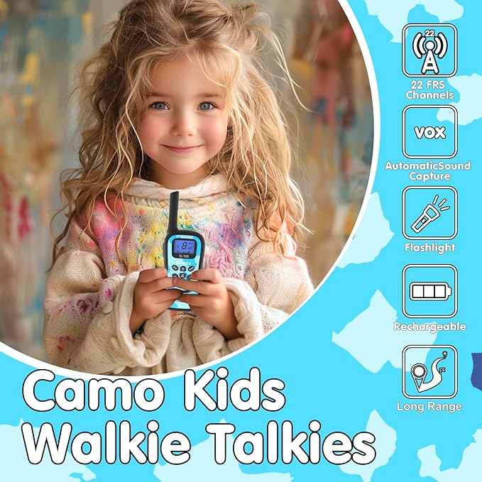 Qniglo Kids Walkie Talkies Rechargeable with USB Charger, 3 Pack Walki Talki for 3-12 Years Old Boys Girls Toys Gifts, Walkie-Talkies with Flashlight Lanyard for Camping Games and Indoor Playing