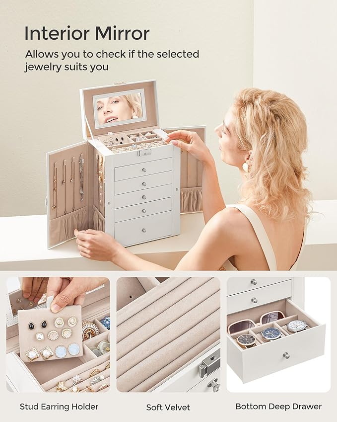 SONGMICS 6 Tier Jewelry Box, Jewelry Storage Organizer with 5 Drawers, Large Storage Capacity, with Mirror, Lockable, Jewelry Case, Gift for Loved Ones, For Watches, White UJBC152W01