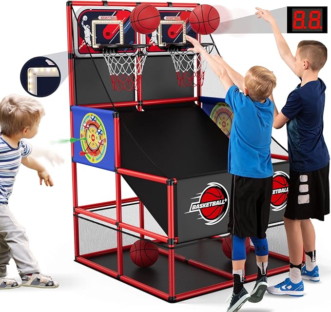 2 in 1 Dual Shot Basketball Arcade Game with 2 Dart Boards/Electronic Scoreboard/LED Light, Kids Basketball Hoop for Home Indoor Outdoor, Sport Toys Gifts for Boys Girls