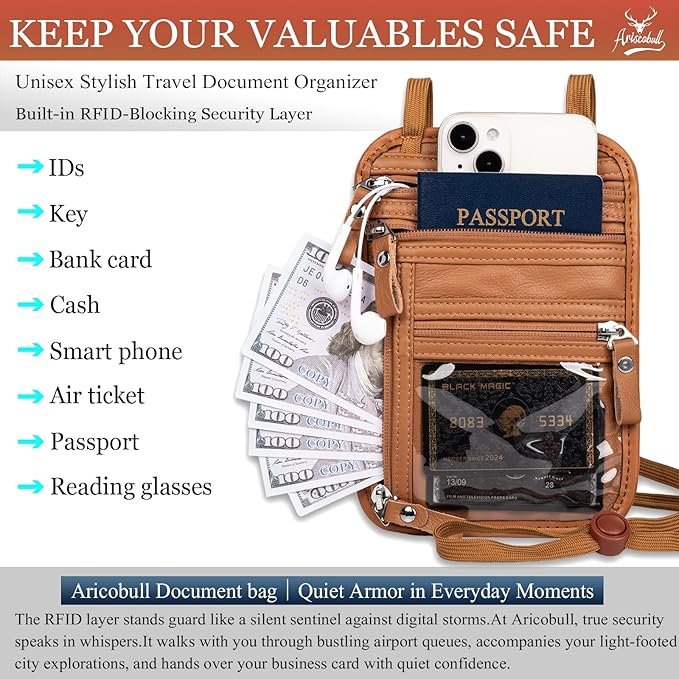 Neck Wallet - Rfid Wallet Women - passport holder for travel - Travel Wallet Passport Holder For Travel Women - 10.3x6.8inch (Yellowish Brown)