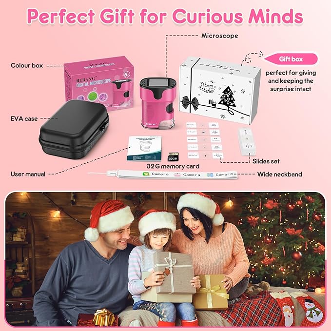 1000X Handheld Microscope for Kids 4K 2.0" Screen Rechargeable Mini Pocket Digital Microscopes w/Slides Kit Portable Edu Gift Age 4-6 8-12 Children Students (Pink)