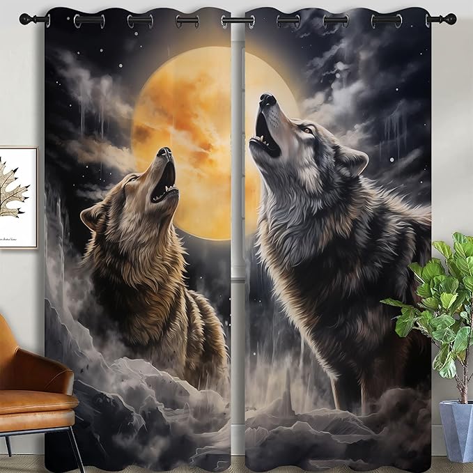 Fantasy Wolf Blackout Curtains for Boys Girl Bedroom Decor,Full Moon Starry Sky Wildlife Retro Thermal Insulated Grommet Drapes Darkening Window Curtain for Living Room Home 84x72 inch