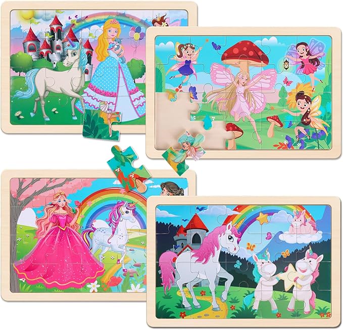 NASHRIO Wooden Educational Jigsaw Puzzles for Preschool Kids Ages 3-5, 4-Pack with 20 Pieces Unicorn Princess Wood Puzzles Set, Toddler Brain Teaser Toys, Preschool Gifts for Boys Girls Ages 3 4 5 6