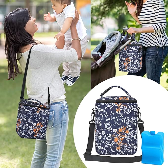 Breastmilk Cooler Bag with Ice Pack Fits 4 Baby Bottles Up To 9 Ounce Insulated Coolers Bag Breast Milk Cooler on the Go with Strap Baby Bottle Cooler Bag for Nursing Mom Daycare or Travel