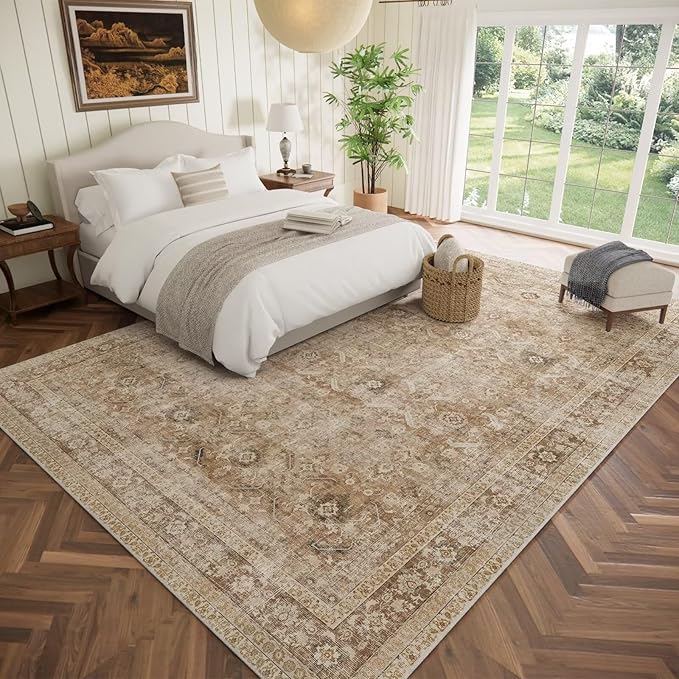 Washable 9x12 Area Rugs for Living Room, Boho Non-Slip Silicone Backing Rugs for Bedroom Dining Room Nursery Office, 0.3" Neutral Oriental Throw Carpet with 0.16" Cushioning Pad, Brown/Multi