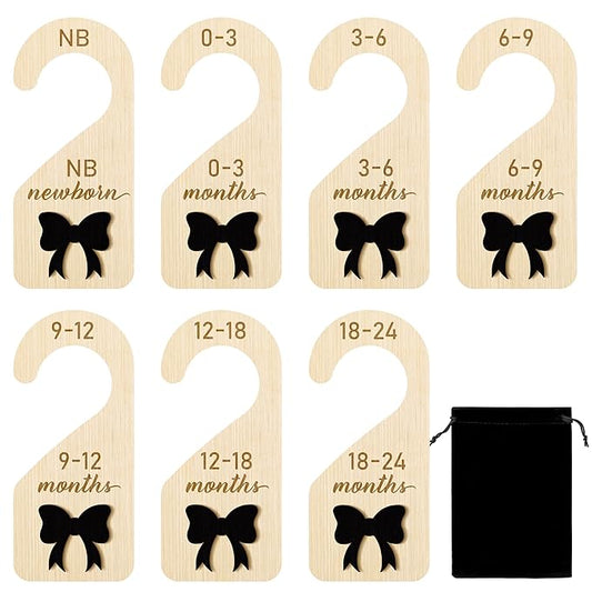 R HORSE Wooden Baby Closet Dividers - 8Pcs Double-Sided 3D Black Bow Baby Closet Organizer Newborn Clothes Size Hanger Dividers Nursery Decor Baby Shower Birthday Gift for Boy Girl (0-24 Months)