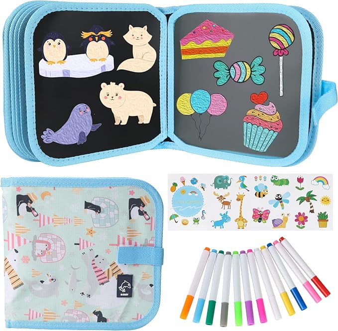 Erasable Doodle Set for Kids - Reusable Magic Drawing Book with 12 Watercolor Pens 14 Page Drawing, Road Trip Car Game Writing Painting Set for Boys and Girls (Dolphin)