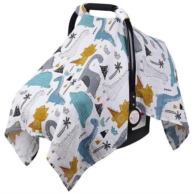 Rquite Dinosaurs Carseat Cover - Muslin Cotton Infant Car Seat Canopy, Breathable Baby Carrier Cover, Summer Stroller Sun Shade