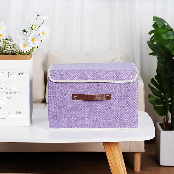 ANMINY Storage Bin with Lid Storage Boxes with PU Leather Handles PP Plastic Board Decorative Foldable Lidded Cotton Linen Fabric Home Cubes Baskets Closet Organizer Container - Purple, Large Size
