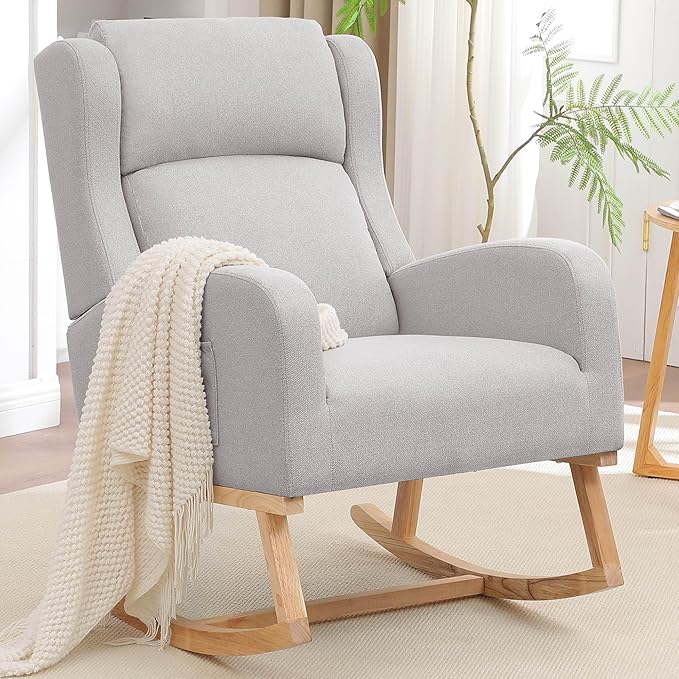 Rocking Chair Nursery, Nursing Rocking Chairs for Mom Nursery, Comfy Wingback Glider Rocking Armchair with Side Pocket for Nursery Living Room Bedroom, Light Grey