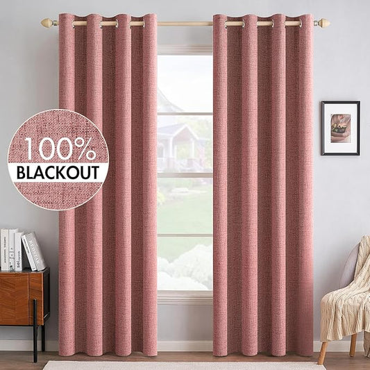 MIULEE 100% Blackout Linen Textured Curtains for Bedroom Solid Thermal Insulated Dusty Rose Grommet Room Darkening Curtains & Drapes Luxury Decor for Living Room Nursery 52 x 90 Inch (2 Panels)