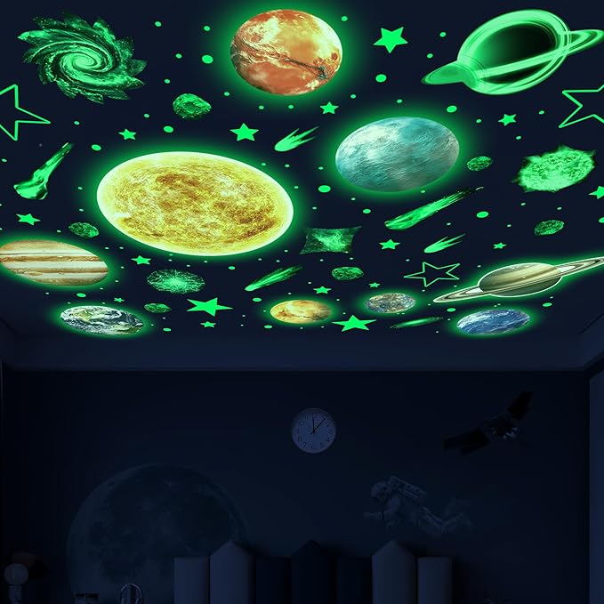 Glow in The Dark Stars and Planets for Ceiling, Robmoda Glow Solar System Wall Stickers, Space Wall Decals for Kids Boys Room (Green)