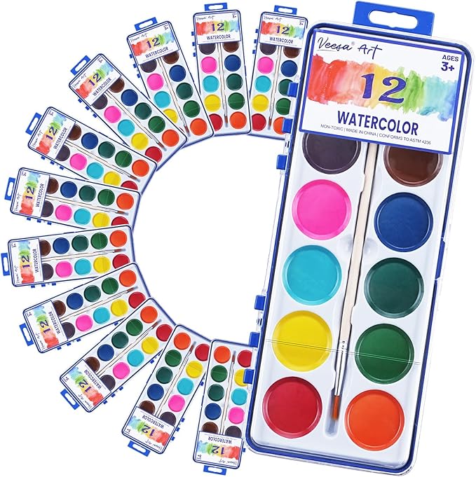 12 Color Watercolor Paint for Kids, 12 Pack Washable Water Color, Classroom Set, Woodbrushes Included