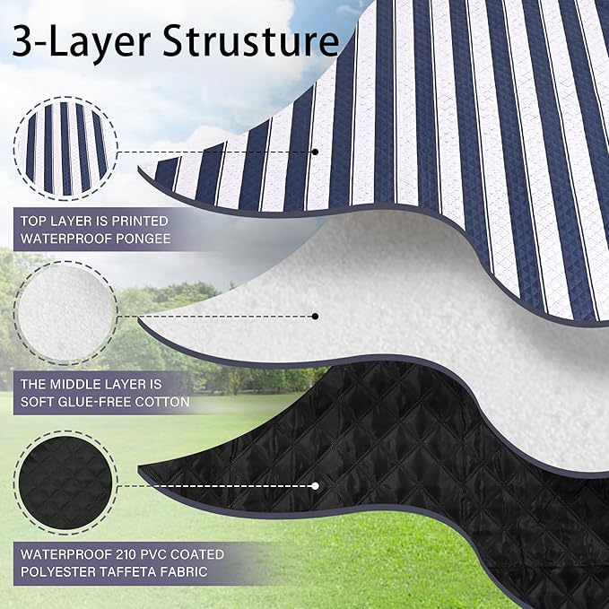 HX&OD Outdoor Picnic Blanket Extra Large, 80''*80'' Waterproof Picnic Mat with Stakes Foldable Camping Blanket Portable with Carry Strap for Beach Mat (Blue& White, 80''*80'')
