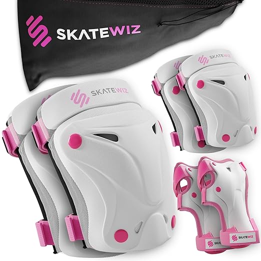 SKATEWIZ Knee Pads for Kids - Knee and Elbow Pads Set - PROTECT-1 - Size M Pink White - Wrist Guards for Skating, Skateboard, BMX and Scooter 8-12