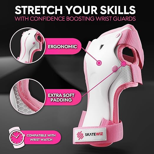 SKATEWIZ Knee Pads for Kids - Knee and Elbow Pads Set - PROTECT-1 - Size M Pink White - Wrist Guards for Skating, Skateboard, BMX and Scooter 8-12