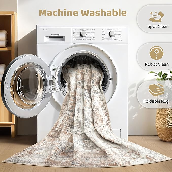 5x8 Area Rug Living Room: Machine Washable Large Abstract Modern Soft Rugs Stain Resistant Indoor Floor Non Slip Accent Carpet for Bedroom Nursery Playroom Office Dining Room Dorm Home House- Brown