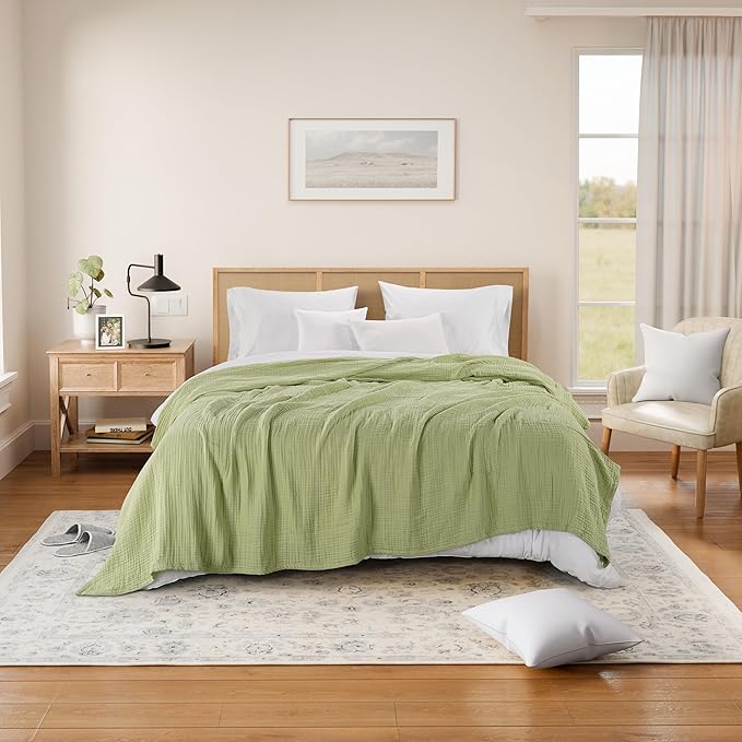 Threadmill Muslin Blanket for Twin Size Bed | 4-Layer Gauze Cotton Throw | Soft, Breathable, and Lightweight for All Seasons | Ideal Blanket or Bed Blanket | Sage Green