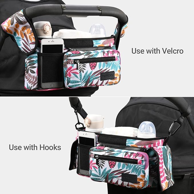Momcozy Universal Stroller Organizer, 2 Insulated Cup Holders, Removable Zip Pocket, Adjustable Straps, Large Capacity Baby Essentials Compact Design, Fits Any Stroller (Multicolor)