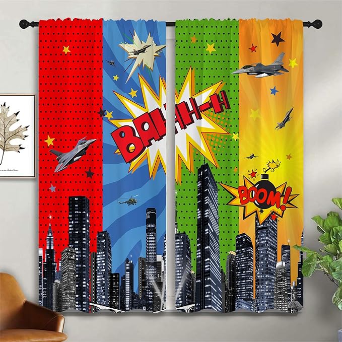 Superhero Rod Pocket Blackout Curtains for Boy Girl Bedroom, City War Explosion Comics Art Thermal Insulated Home Window Drapes for Living Room Darkening, 42x45 inch
