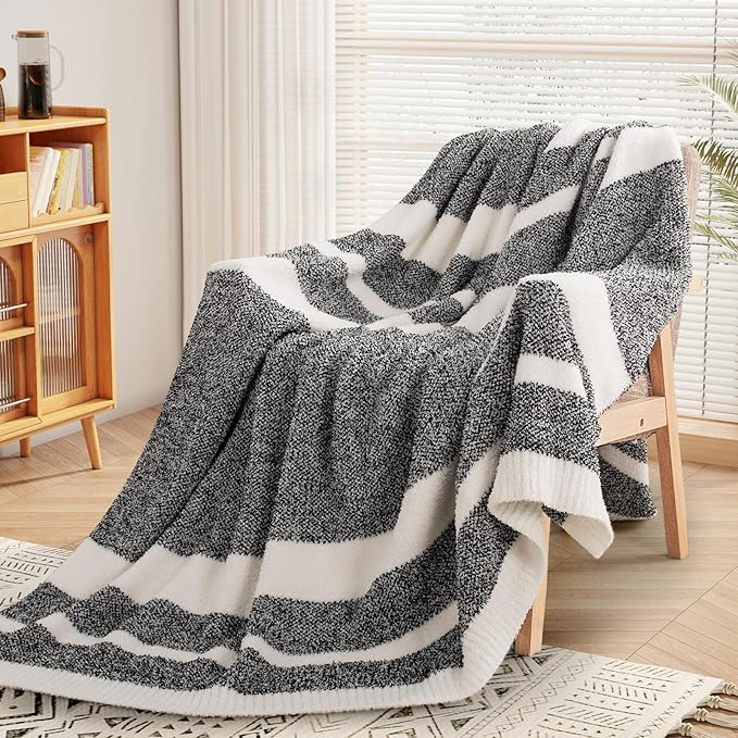 NEXHOME PRO Stripe Cozy Blanket Twin, Knit Fuzzy Throw Blanket for Couch Bed Sofa Picnic, Ultra Soft Blankets for Women Gifts Black 60 x 80 inches