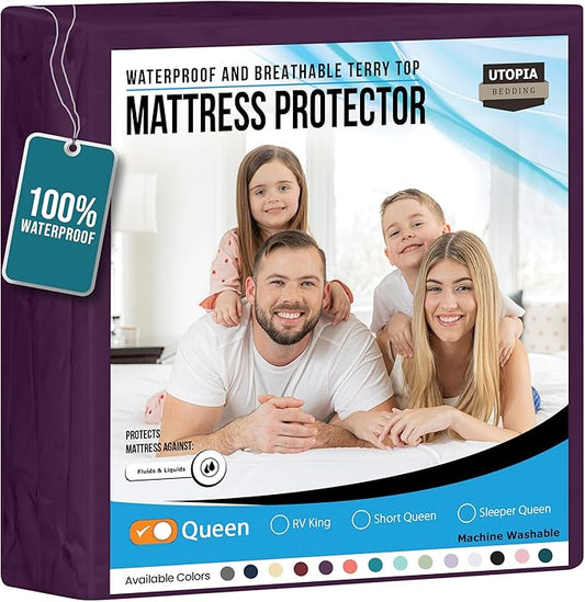 Utopia Bedding Waterproof Mattress Protector Queen Size, Premium Terry Mattress Cover 200 GSM, Breathable, Fitted Style with Stretchable Pockets (Purple)