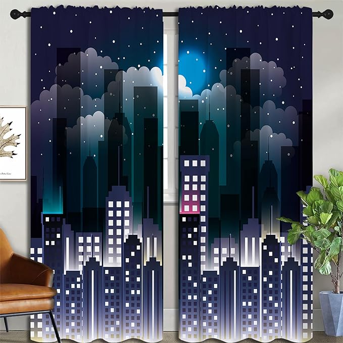 Superhero Rod Pocket Blackout Curtains for Boy Girl Bedroom, Violet Night Sky Buildings Cityscape Thermal Insulated Home Window Drapes for Living Room Darkening, 84x72 inch