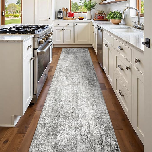 Washable Area Rugs 2'x8' Non-Slip Modern Abstract Soft for Living Room Entryway Bedroom Nursery, Print Pattern, Gray White Grey