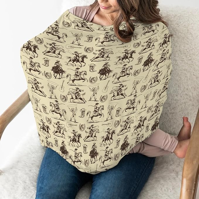 Vintage Cowboy Car Seat Cover for Baby Western Horses Boots Hats Guitar Stretchy 5-in-1 Covers Adjustable Car Canopy Breastfeeding Cover Country Western Breathable Nursing Cover-Up