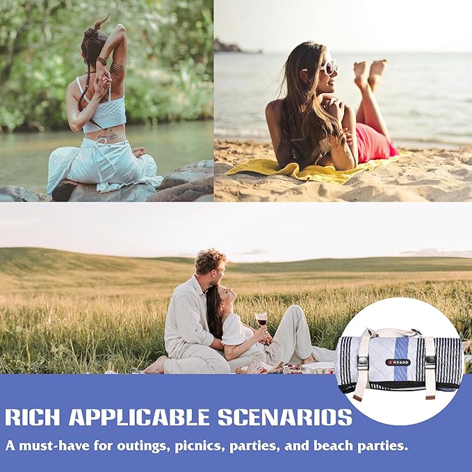 Waterproof Picnic Mat, Outdoor Camping Oversized Field Blanket. Portable Thickened Camping Blanket, Suitable for Beach, Camping, Music Festival, Party, Outdoor Adventure. (Black&Blue&White, 80”x80”)